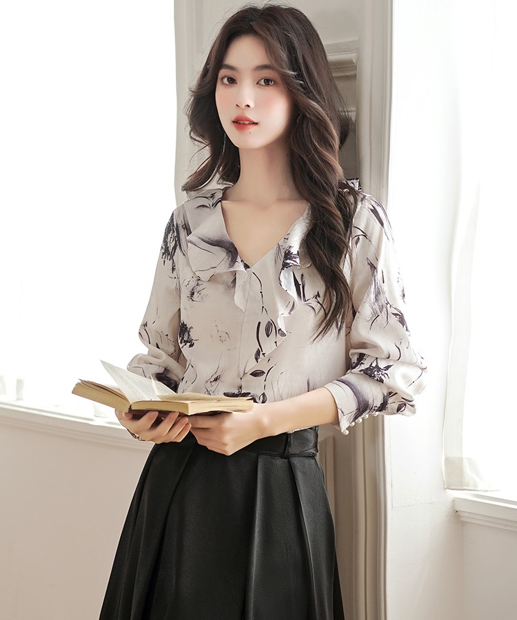 France style ink tops irregular Chinese style shirt for women