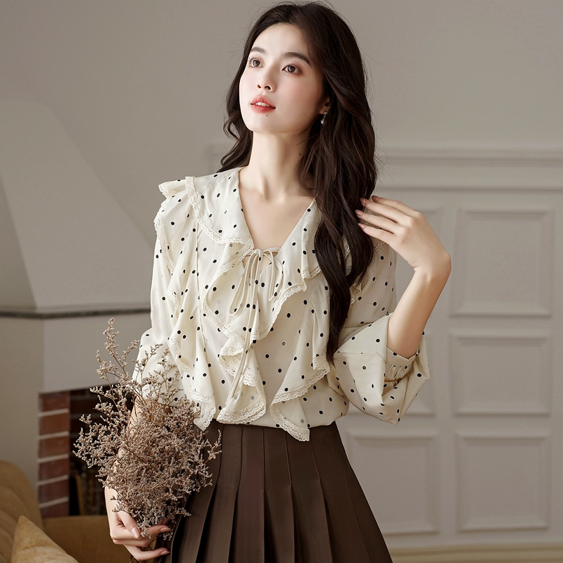 France style elegant shirt polka dot tops for women