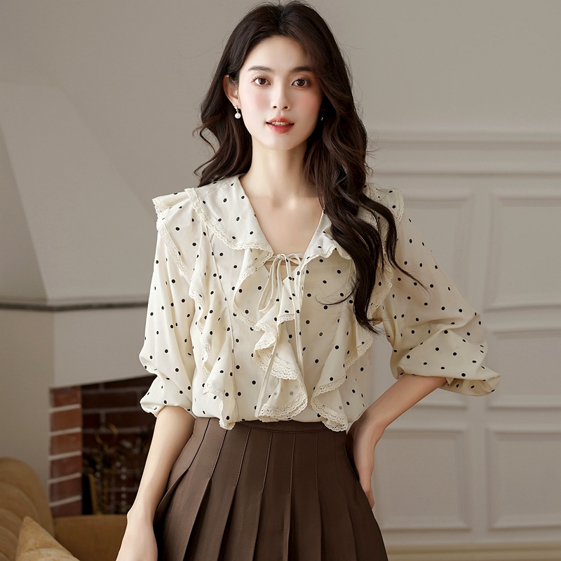 France style elegant shirt polka dot tops for women