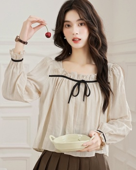 Cotton linen temperament shirt bow puff sleeve tops