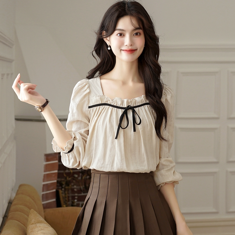 Cotton linen temperament shirt bow puff sleeve tops