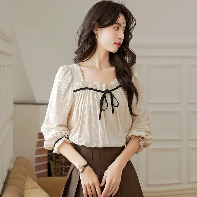 Cotton linen temperament shirt bow puff sleeve tops