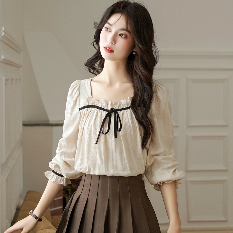 Cotton linen temperament shirt bow puff sleeve tops