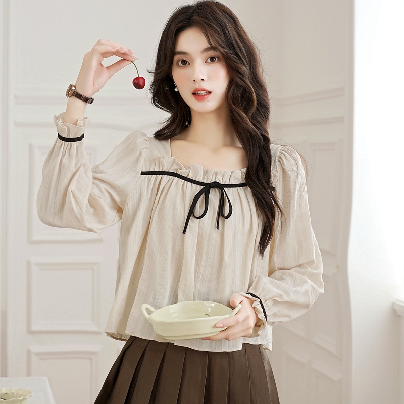 Cotton linen temperament shirt bow puff sleeve tops