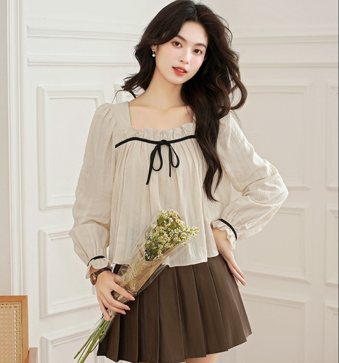 Cotton linen temperament shirt bow puff sleeve tops