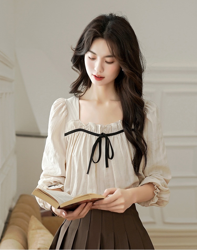 Cotton linen temperament shirt bow puff sleeve tops