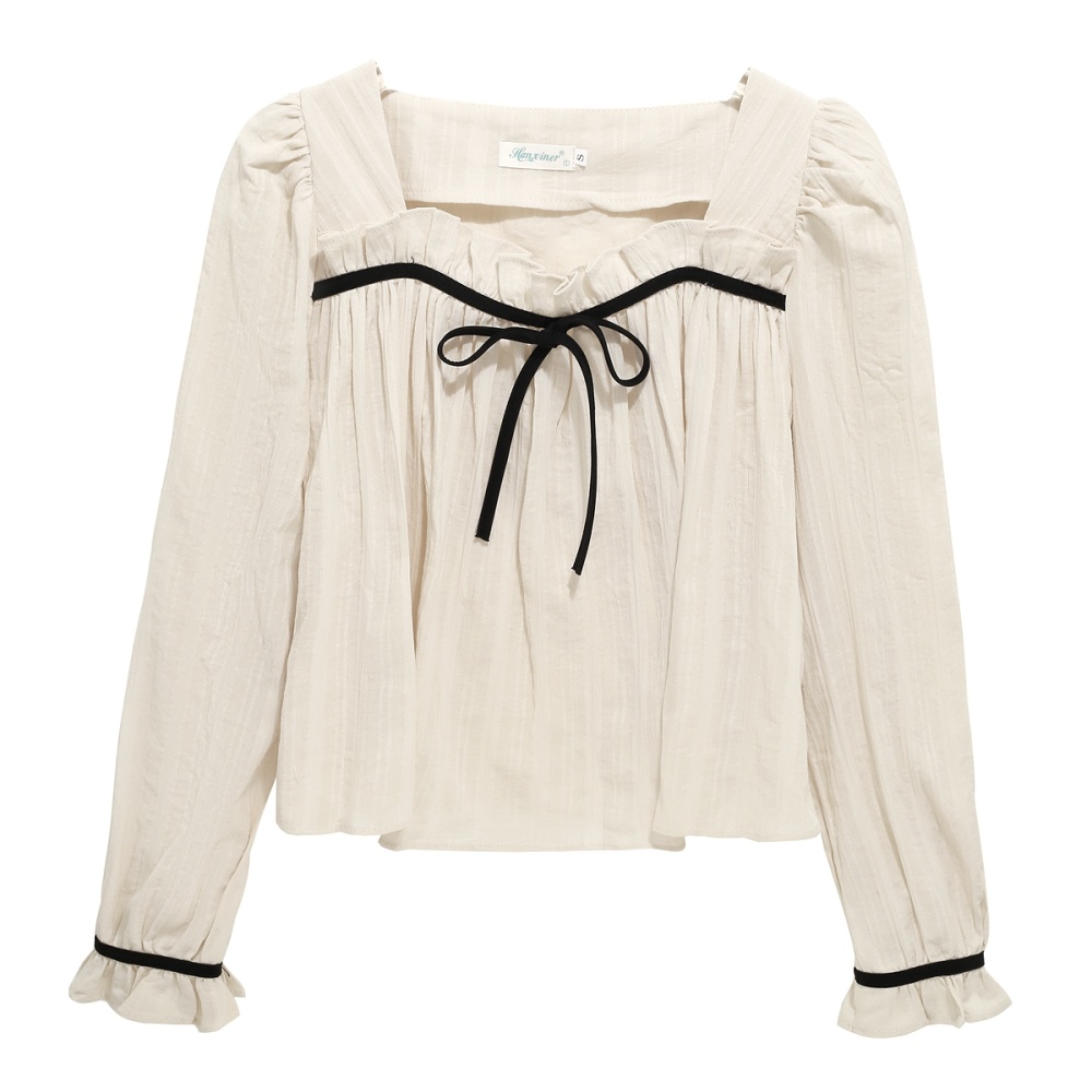 Cotton linen temperament shirt bow puff sleeve tops