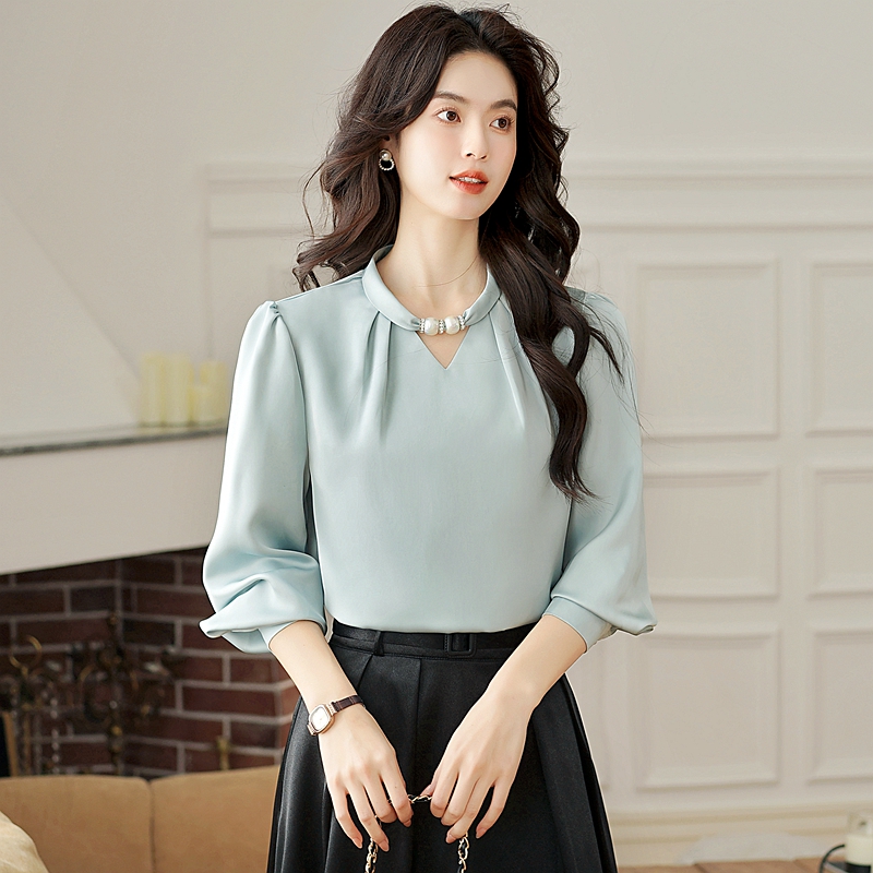 Niche satin shirt cstand collar France style tops for women