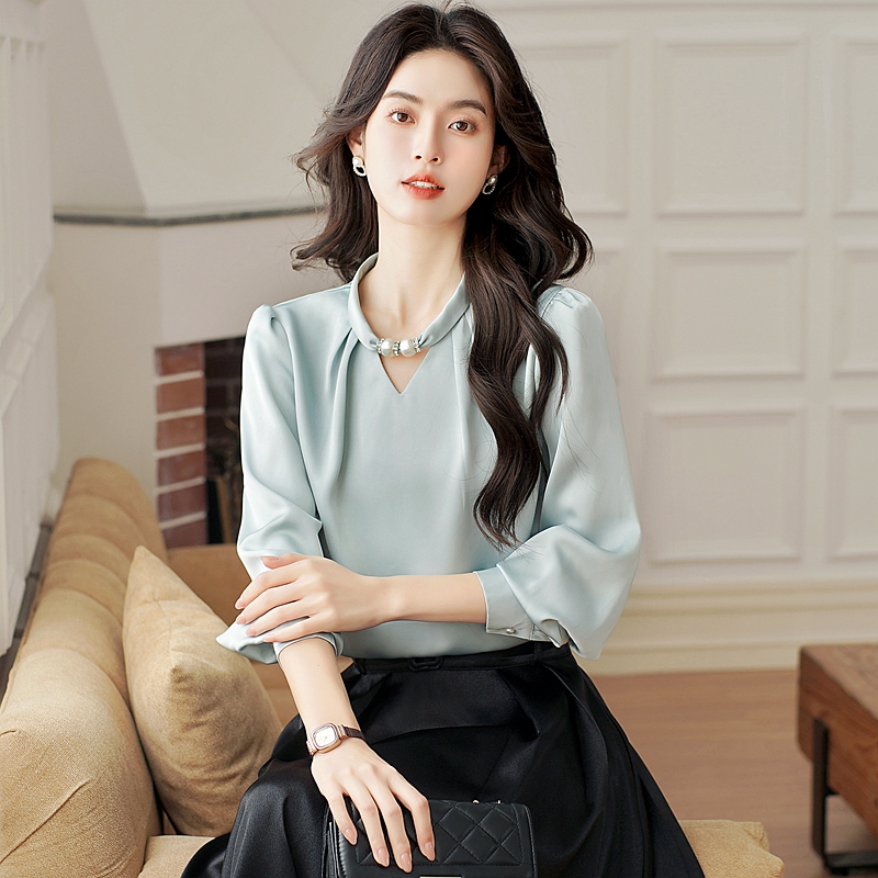 Niche satin shirt cstand collar France style tops for women