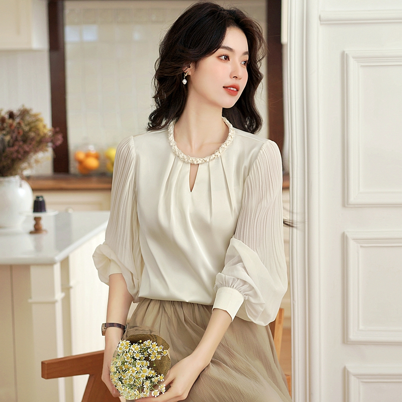 Spring crimp commuting shirt beads retro tops for women