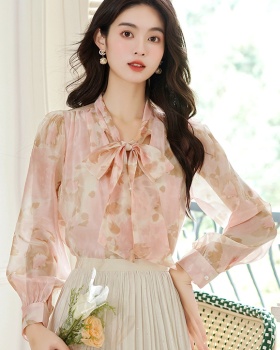 Lantern sleeve autumn tops bow France style shirt for women