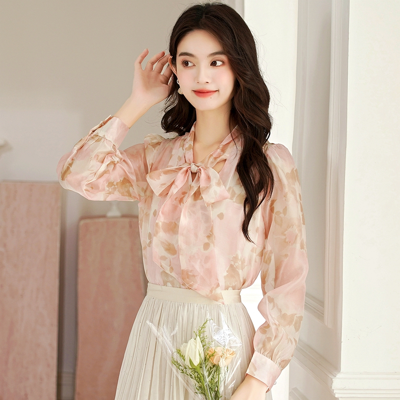 Lantern sleeve autumn tops bow France style shirt for women