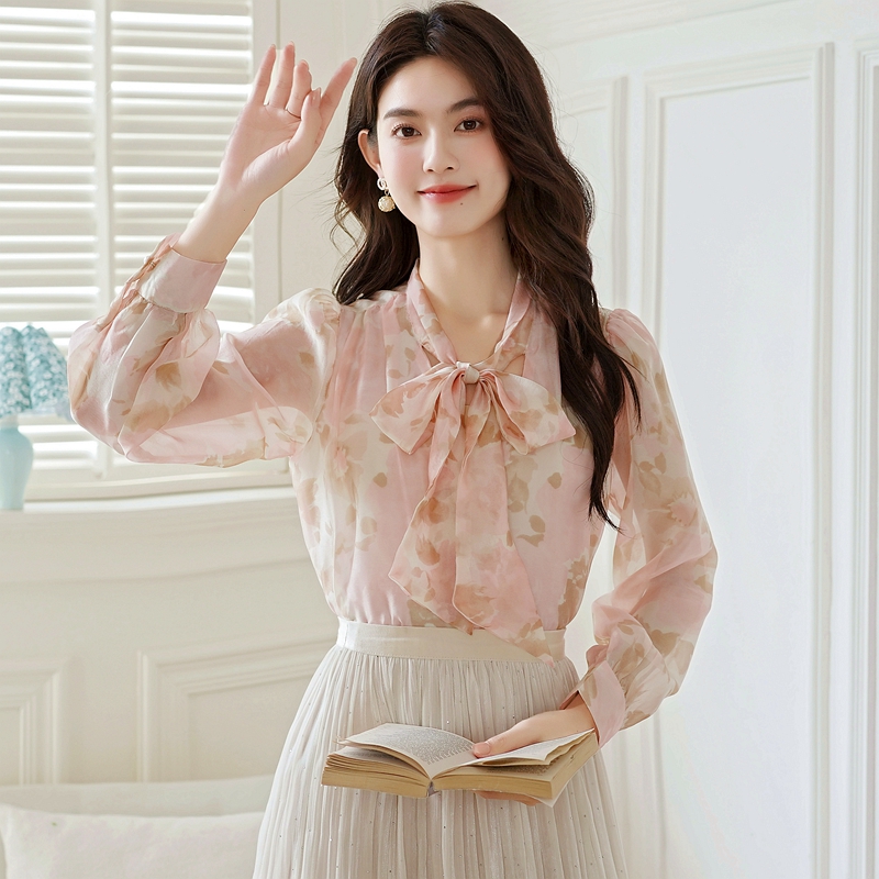 Lantern sleeve autumn tops bow France style shirt for women