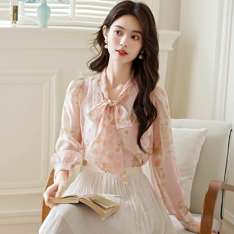 Lantern sleeve autumn tops bow France style shirt for women