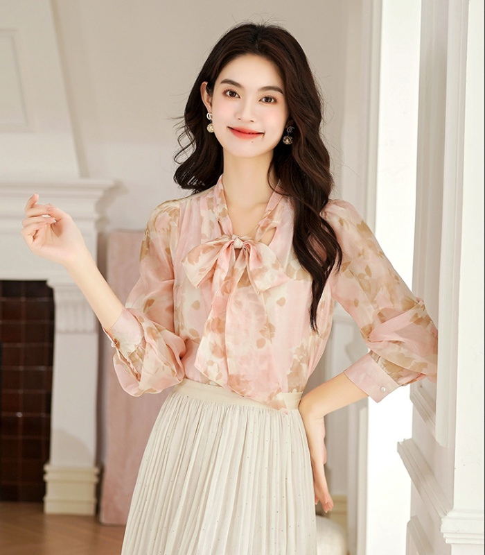 Lantern sleeve autumn tops bow France style shirt for women