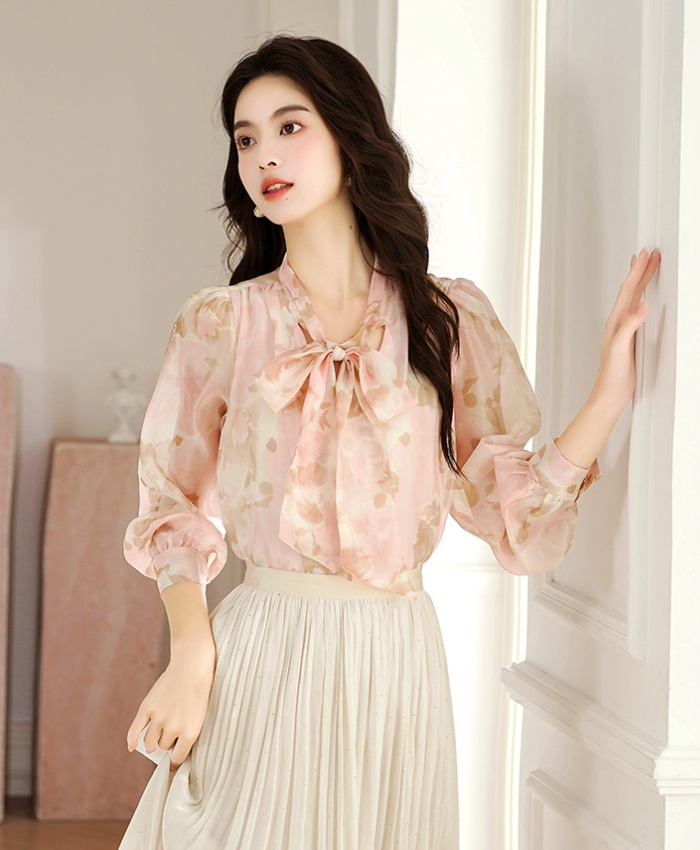 Lantern sleeve autumn tops bow France style shirt for women