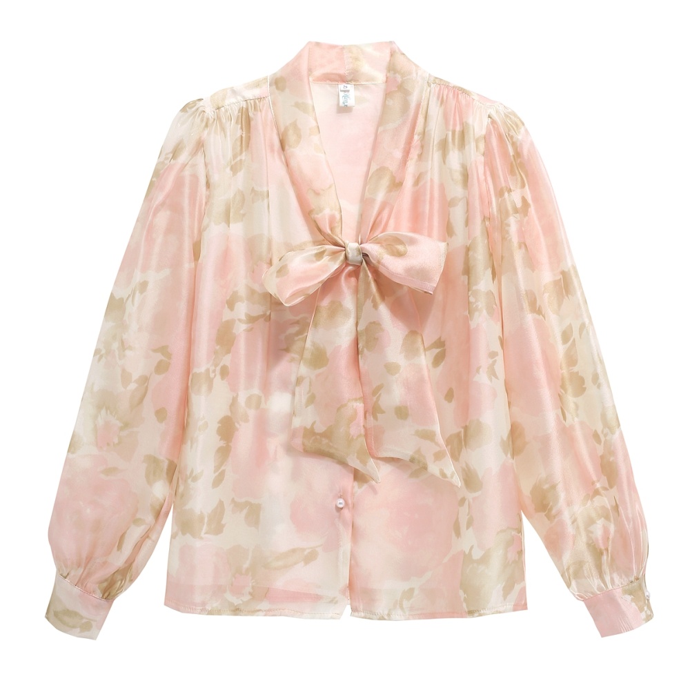 Lantern sleeve autumn tops bow France style shirt for women