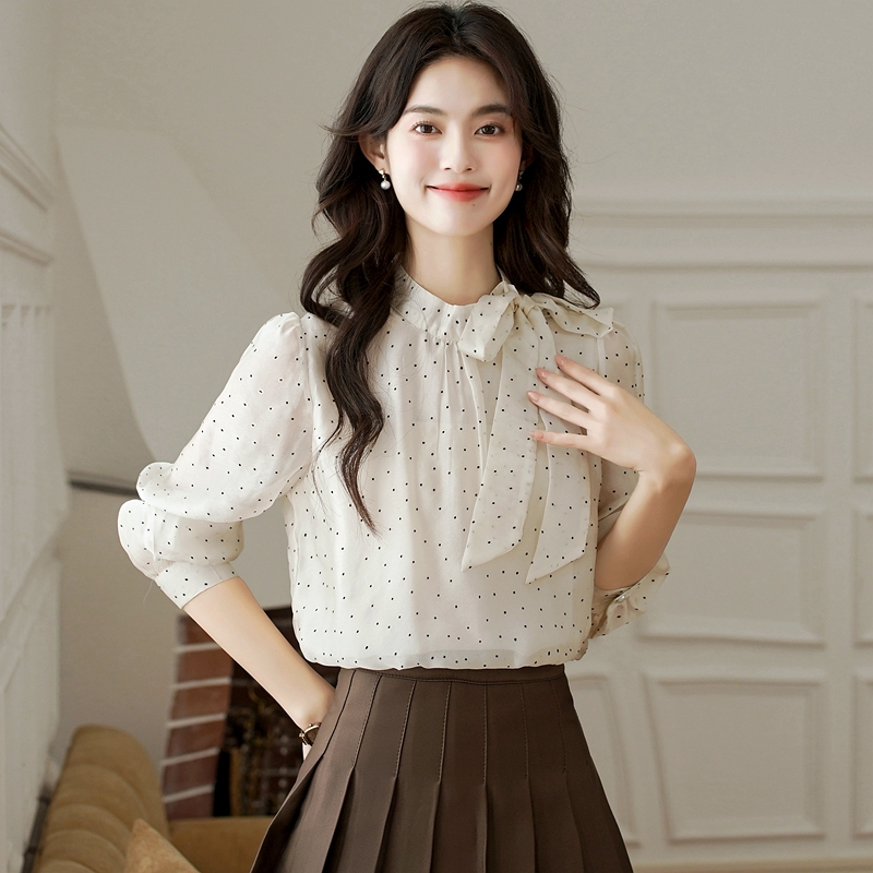 Sweet bandage tops polka dot bow chiffon shirt for women