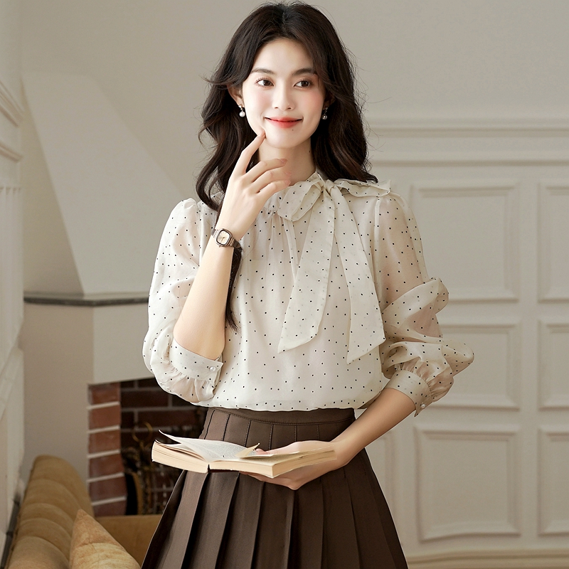 Sweet bandage tops polka dot bow chiffon shirt for women