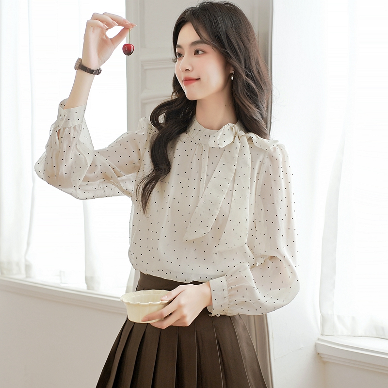 Sweet bandage tops polka dot bow chiffon shirt for women