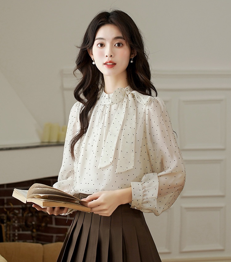 Sweet bandage tops polka dot bow chiffon shirt for women