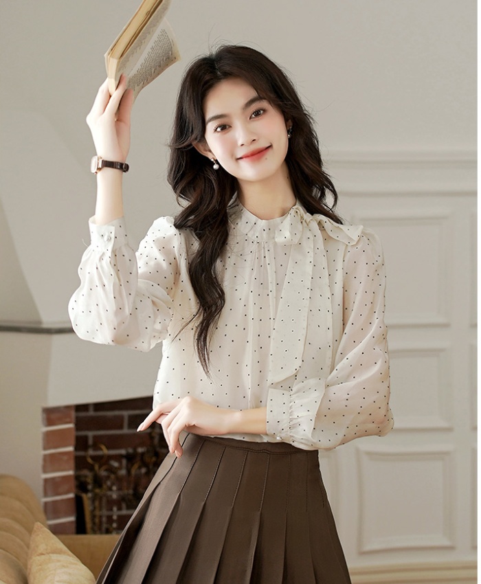 Sweet bandage tops polka dot bow chiffon shirt for women