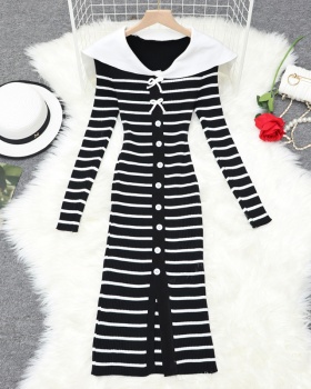 Knitted stripe bow temperament long sleeve tight dress for women