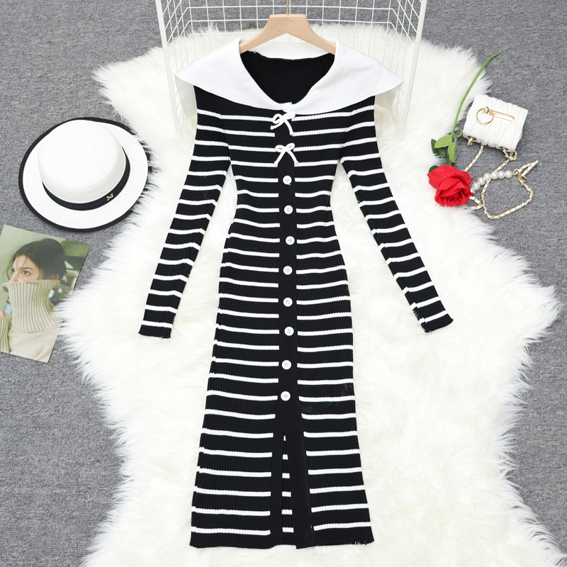 Knitted stripe bow temperament long sleeve tight dress for women