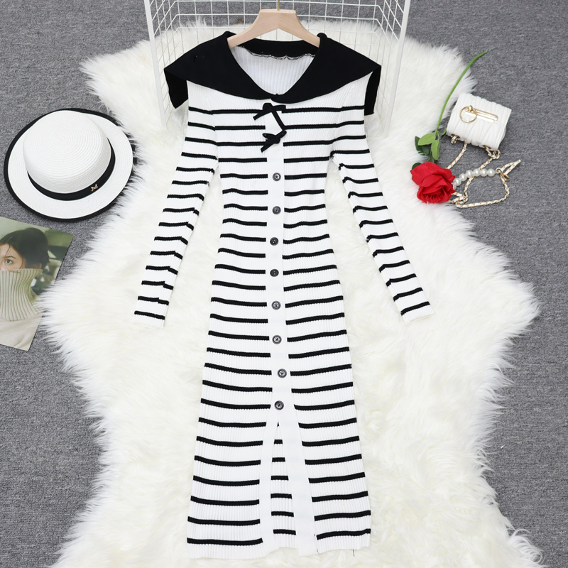 Knitted stripe bow temperament long sleeve tight dress for women