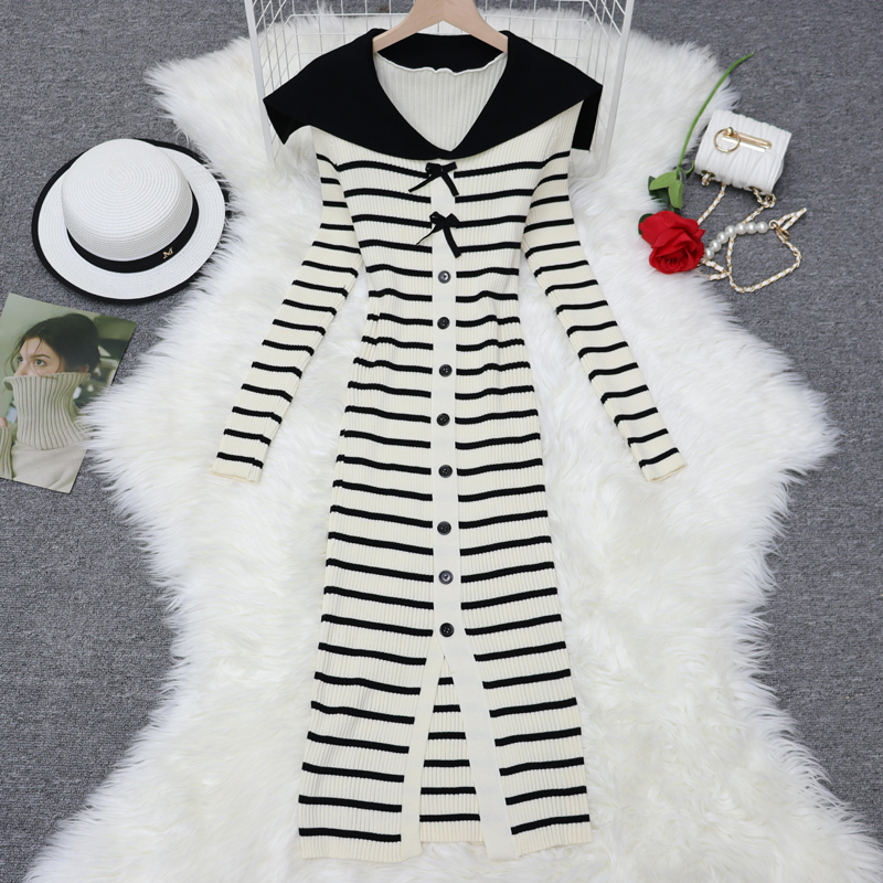 Knitted stripe bow temperament long sleeve tight dress for women