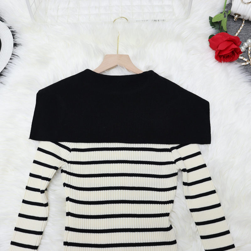 Knitted stripe bow temperament long sleeve tight dress for women