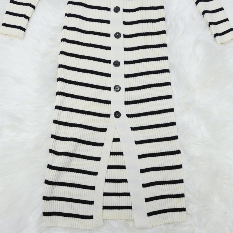 Knitted stripe bow temperament long sleeve tight dress for women