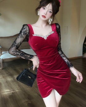 Golden velvet irregular beading dress slim rhinestone formal dress