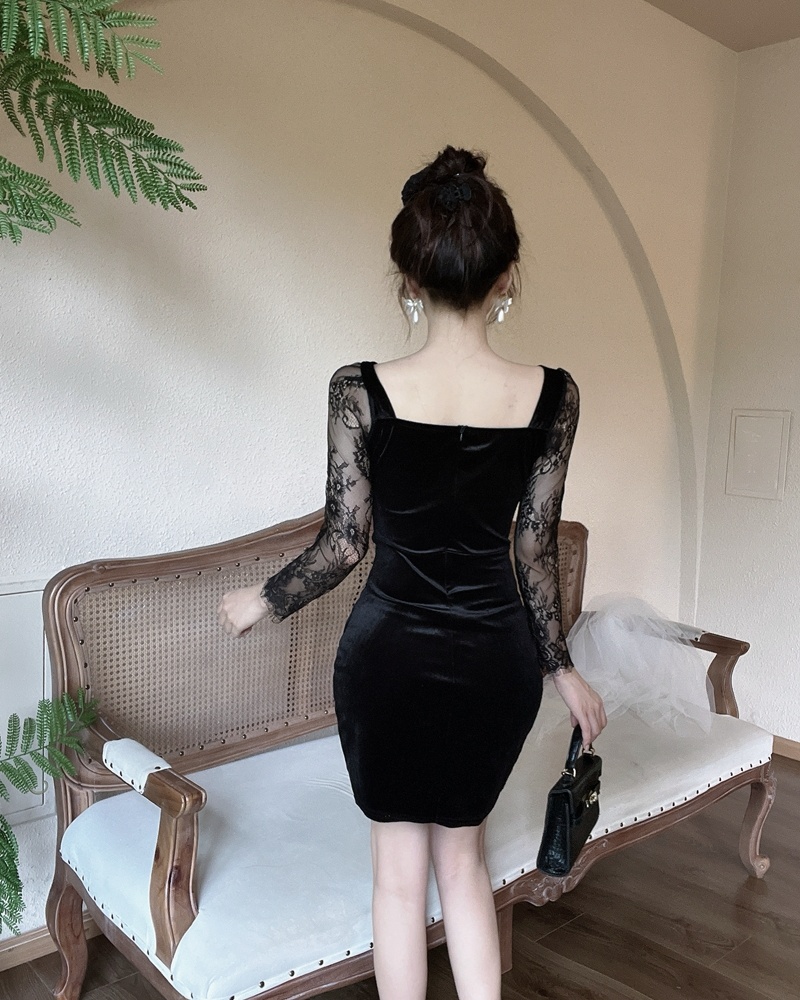 Golden velvet irregular beading dress slim rhinestone formal dress