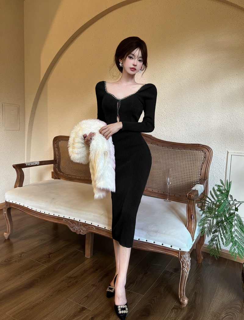 Knitted bottoming long dress long sleeve dress