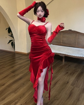 Streamer temperament dress sling red long dress