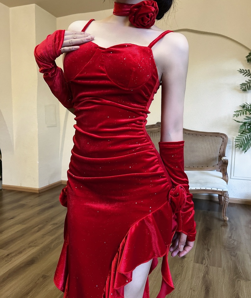 Streamer temperament dress sling red long dress