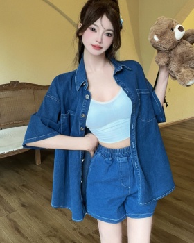 Fashion retro shorts summer college style shirt 2pcs set for women