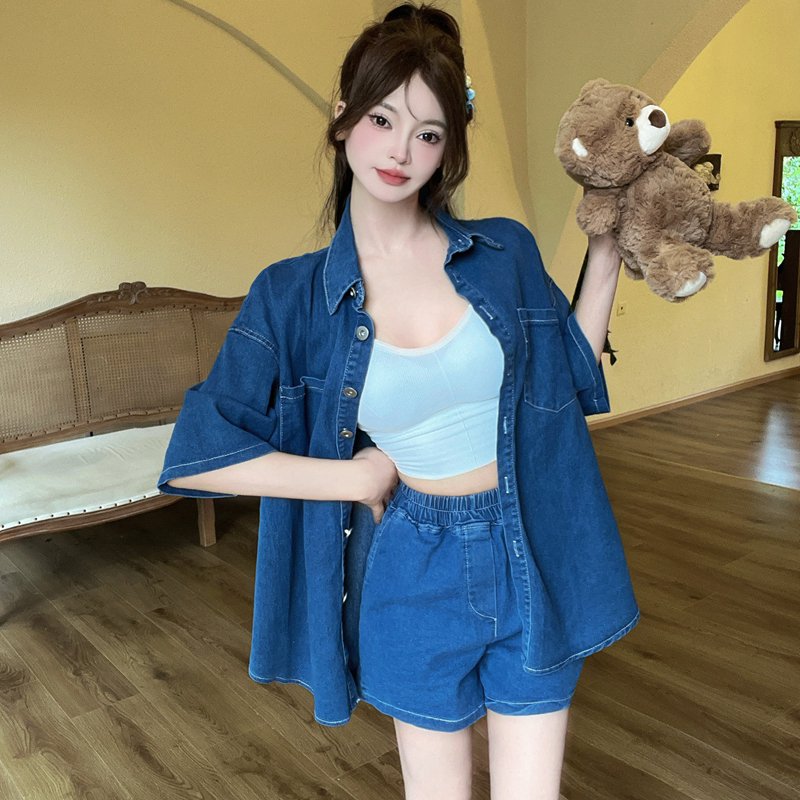 Fashion retro shorts summer college style shirt 2pcs set for women