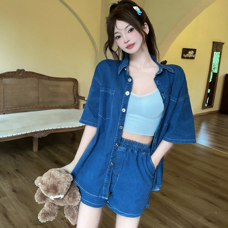 Fashion retro shorts summer college style shirt 2pcs set for women