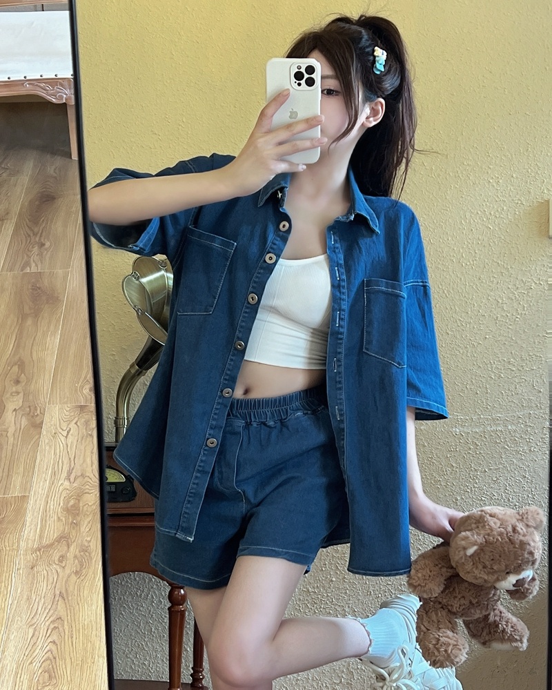 Fashion retro shorts summer college style shirt 2pcs set for women