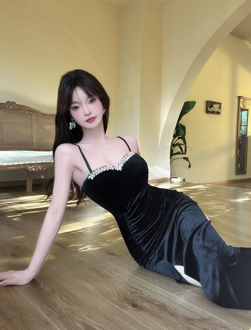 Sling sexy night show long dress ladies velvet set beads dress