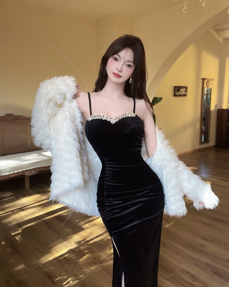 Sling sexy night show long dress ladies velvet set beads dress