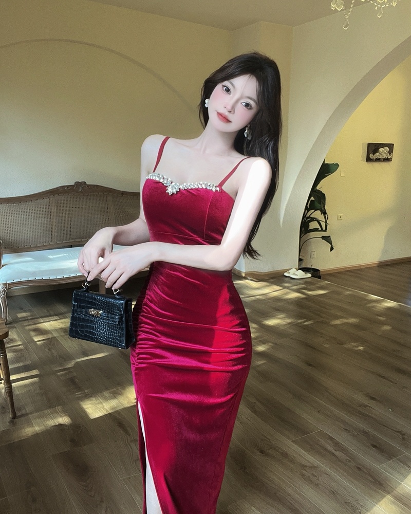 Sling sexy night show long dress ladies velvet set beads dress