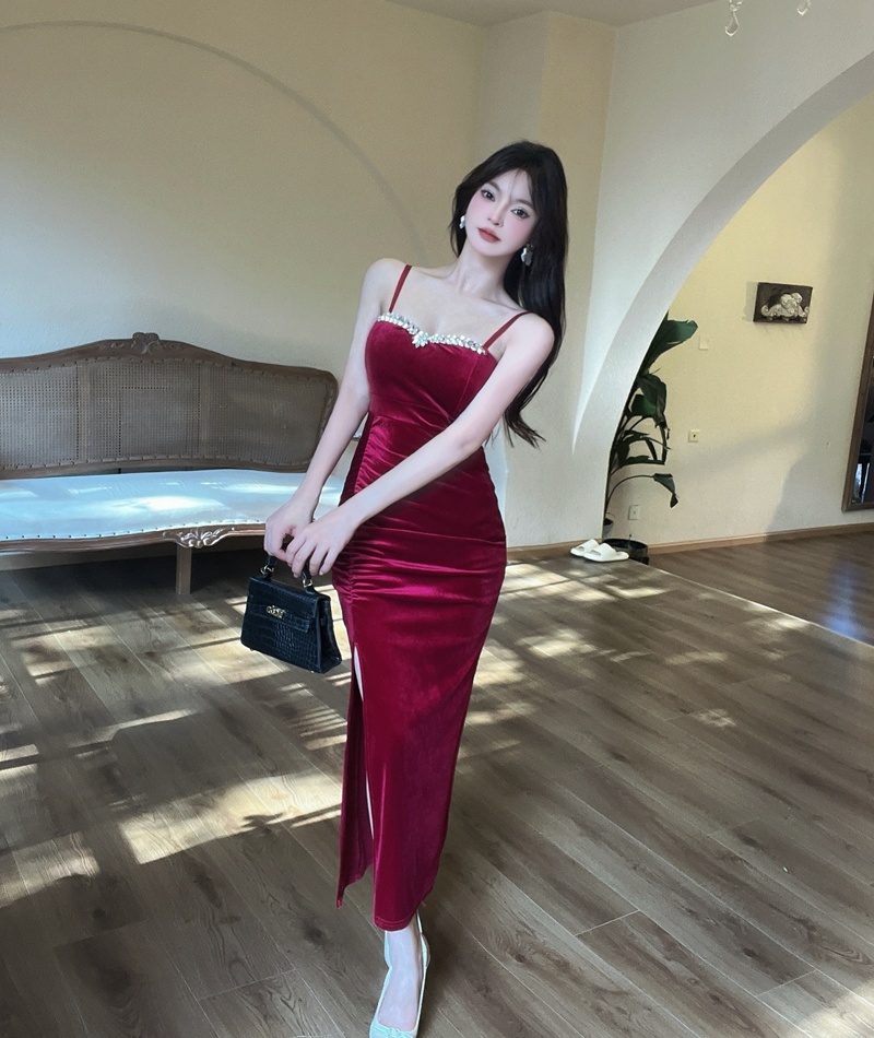 Sling sexy night show long dress ladies velvet set beads dress