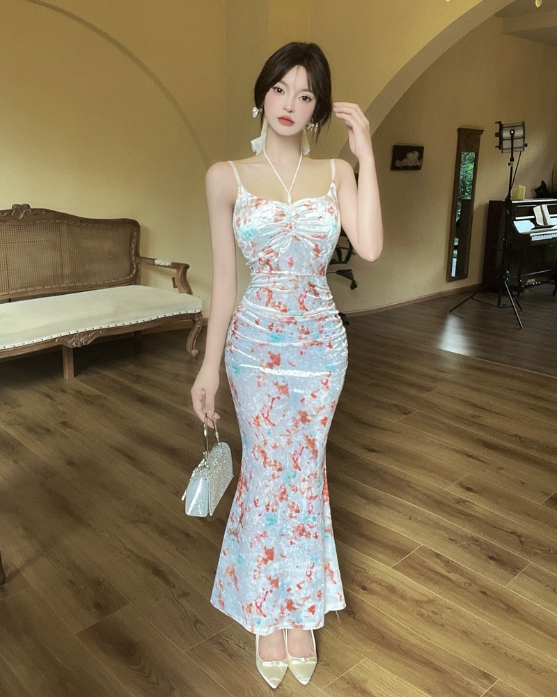 Low-cut France style dress printing evening dress