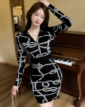 Knitted dress pinched waist sweater for women