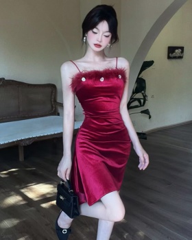 Summer retro velvet irregular elmo sexy dress for women