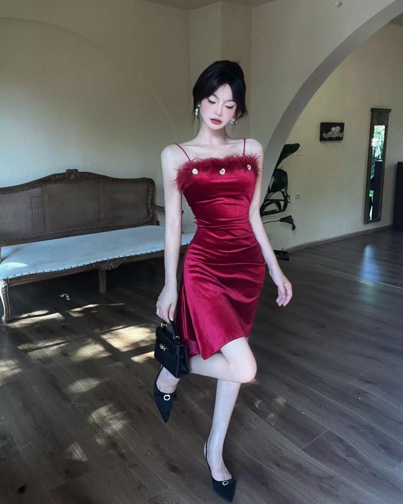 Summer retro velvet irregular elmo sexy dress for women