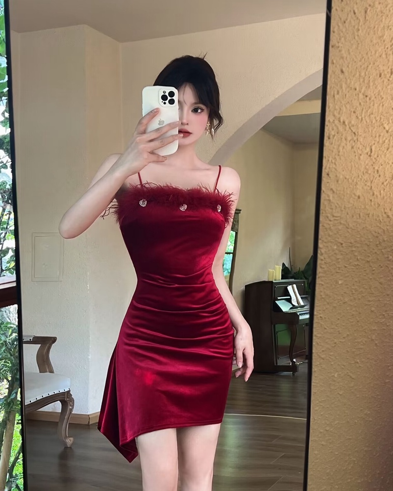 Summer retro velvet irregular elmo sexy dress for women